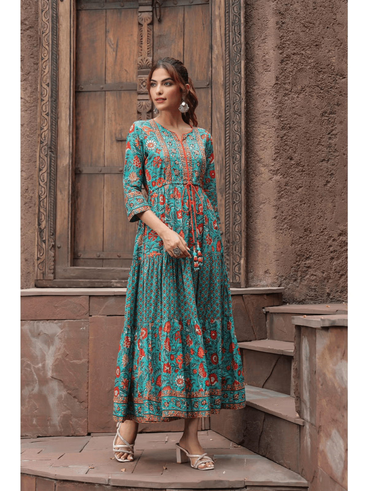 Printed Cotton A-Line Midi Dress Stylish Tie-Ups & 3/4 Sleeves AROMIE | Affordable Indian Clothes & Dresses in Canada Printed Cotton A-Line Midi Dress Stylish Tie-Ups & 3/4 Sleeves AROMIE | Affordable Indian Clothes & Dresses in Canada