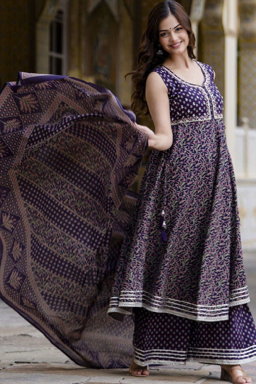 Aromie purple floral cotton kurta set featuring a flowy design and elegant patterns for a stylish look