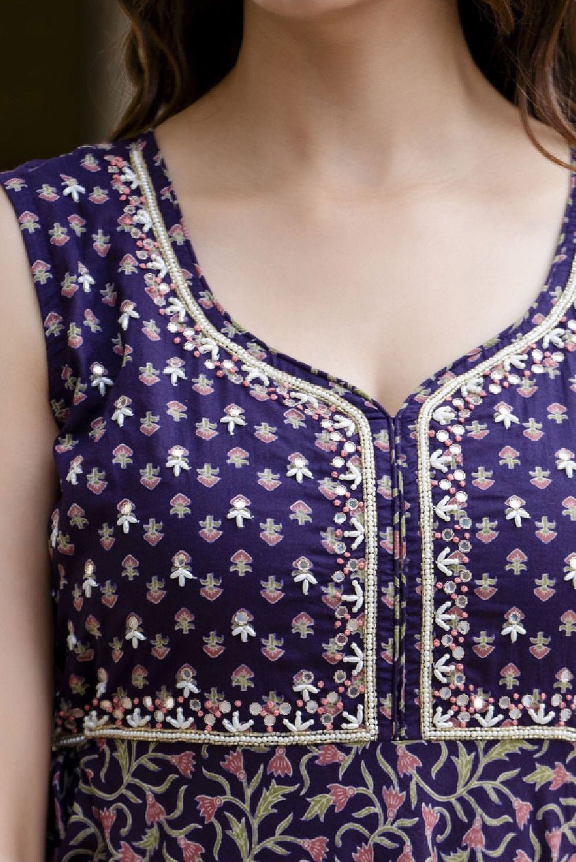 Close-up of embroidery detailing on purple floral cotton kurta set from Aromie