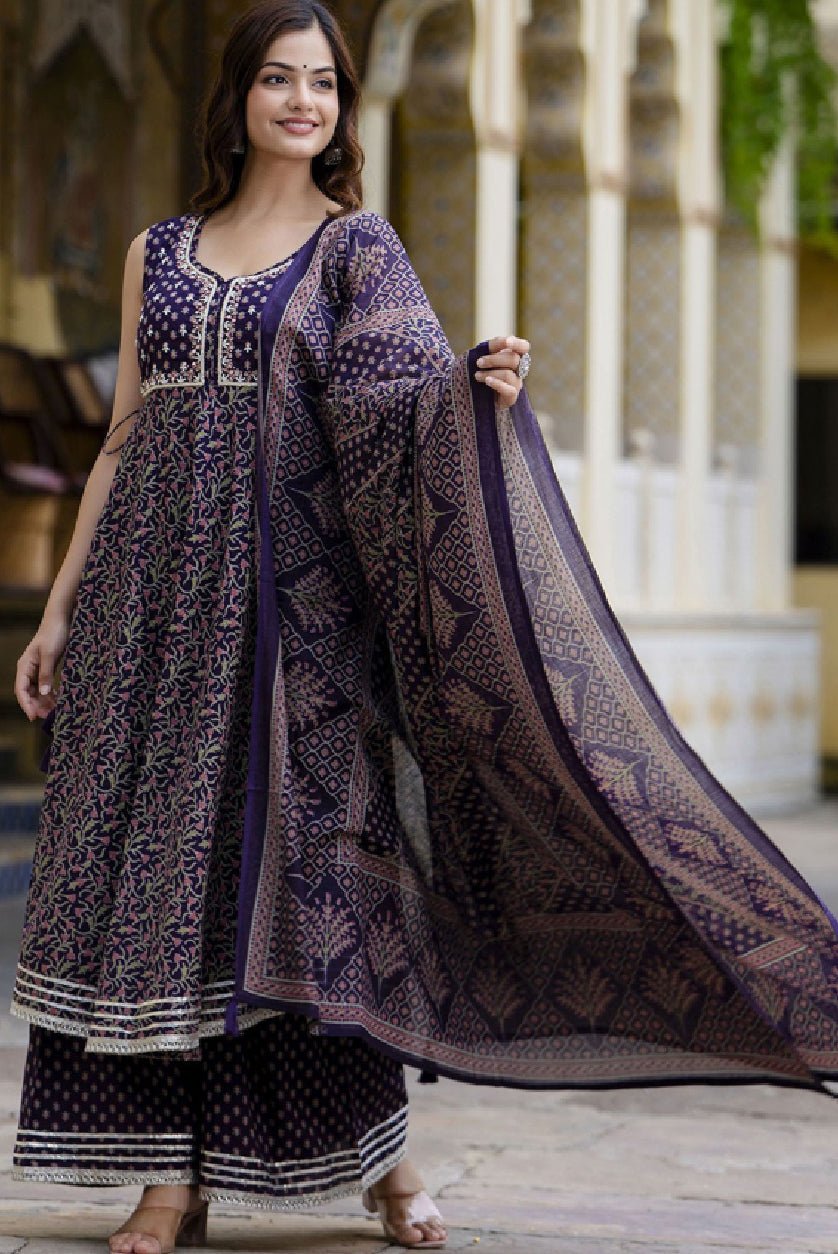 Purple floral cotton kurta set featuring a kurta, palazzo, and dupatta for elegant occasions