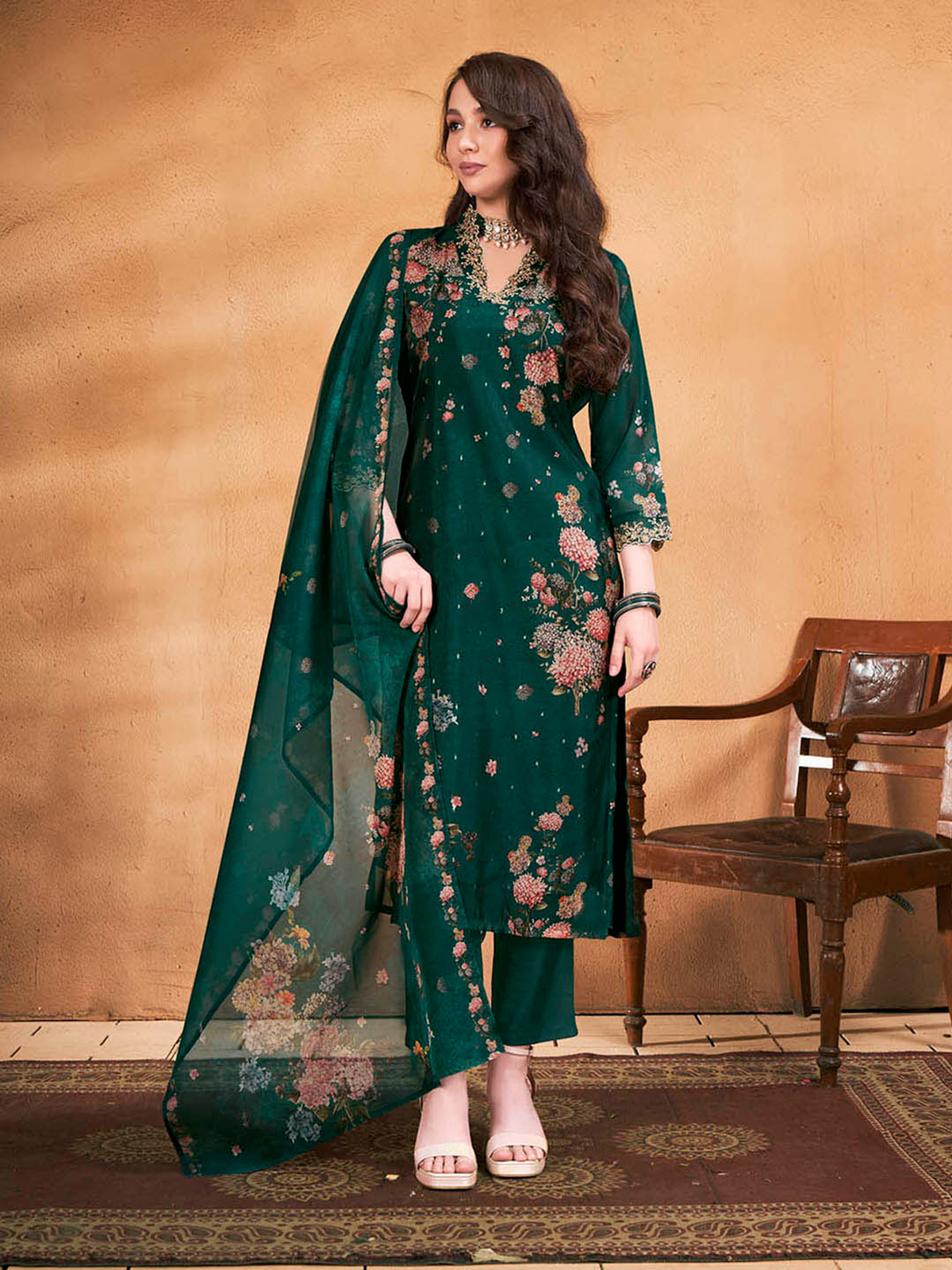 Elegant purple floral cotton kurta set with intricate designs and a matching dupatta for stylish occasions