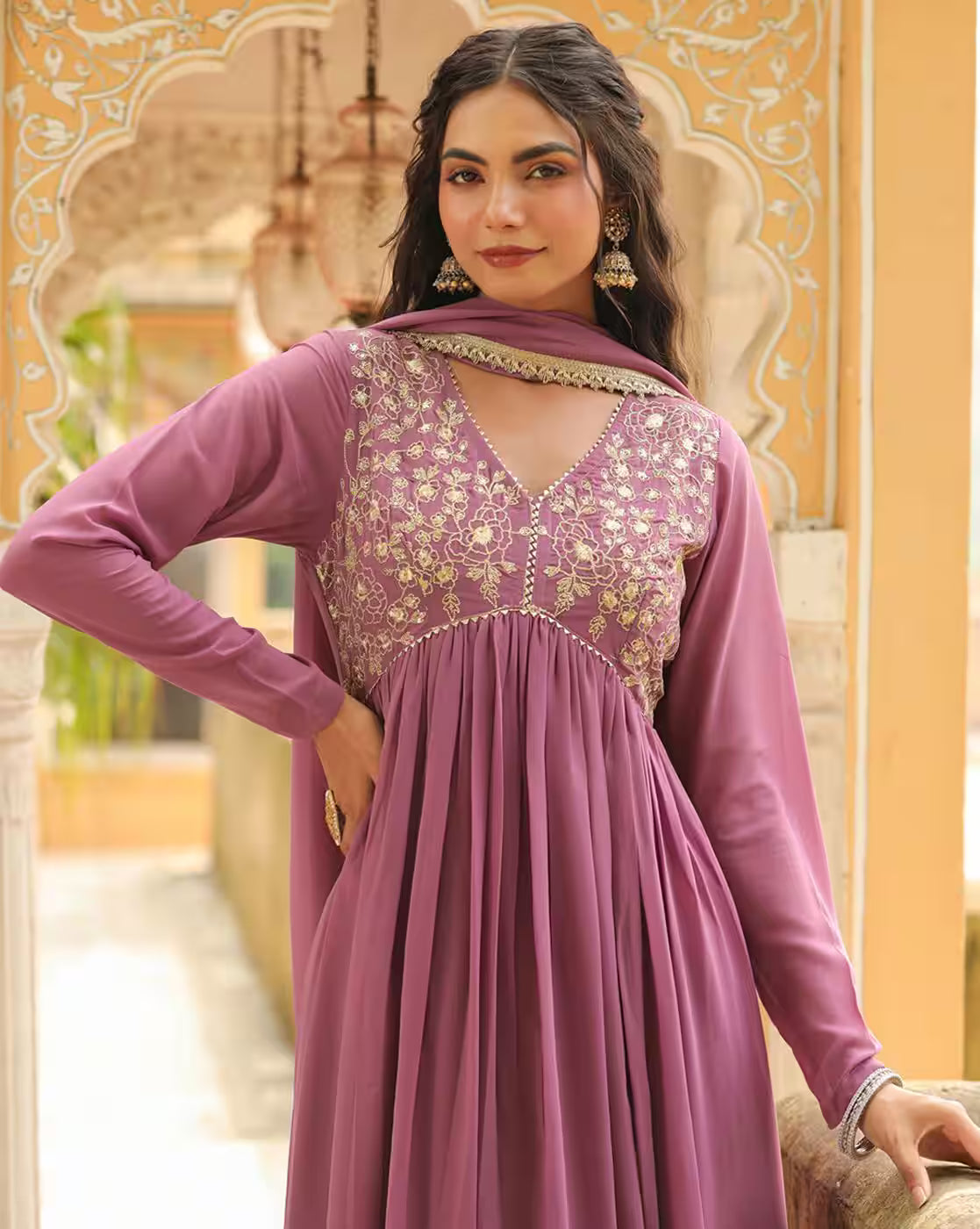 Floral Kurta Set for Women mauve embroidered anarkali kurta with gold floral threadwork long sleeves and matching dupatta