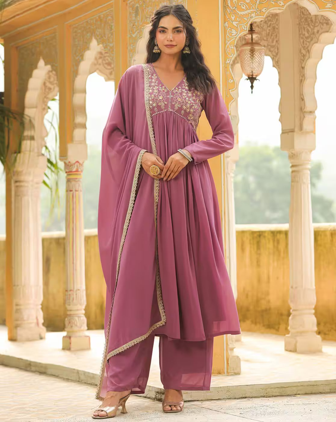 Aromie pink embroidered flowy Floral Kurta Set for Women with matching dupatta and straight pants