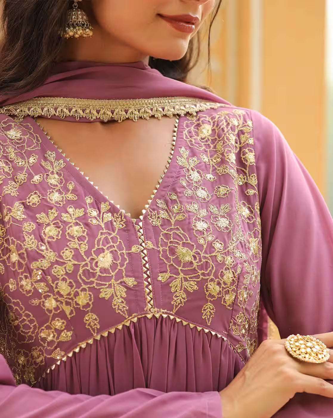 Floral Kurta Set for Women dusty rose embroidered V neck kurta with gold floral threadwork and matching dupatta