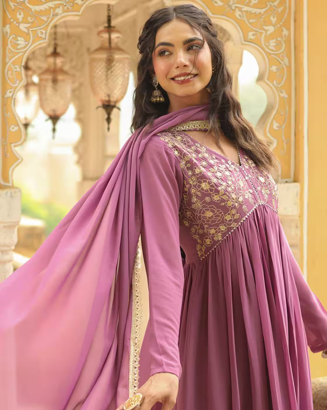 Floral Kurta Set for Women mauve embroidered anarkali with gold floral bodice flowing dupatta ideal for festive occasions