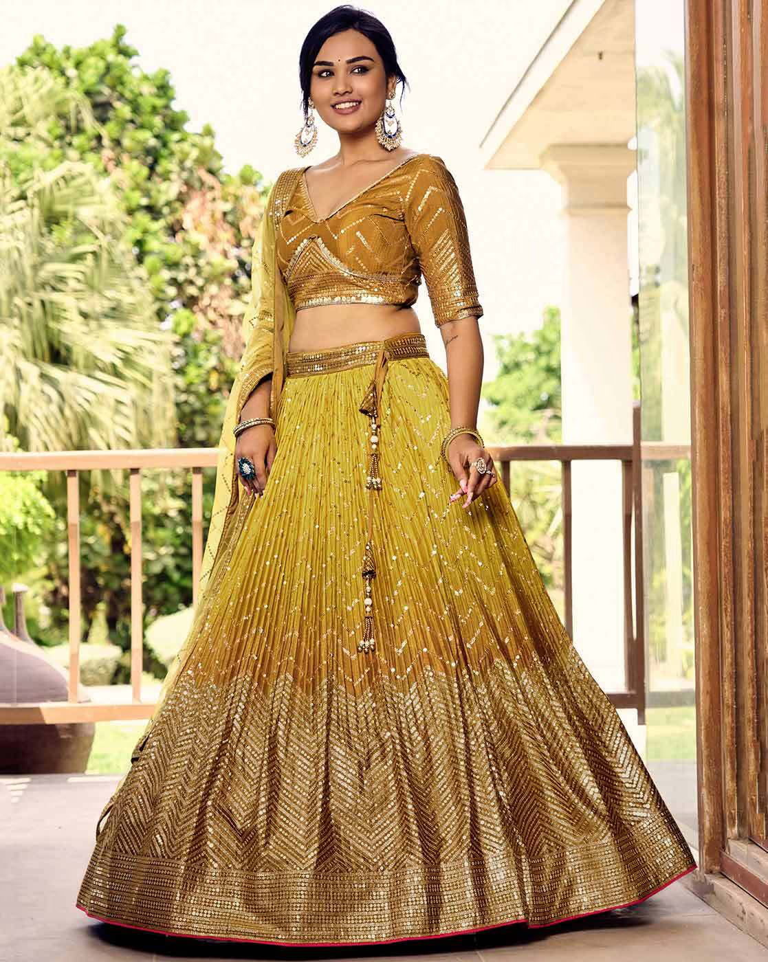 AROMIE embellished flared lehenga choli Canada gold mustard three piece set with embroidered blouse and dupatta