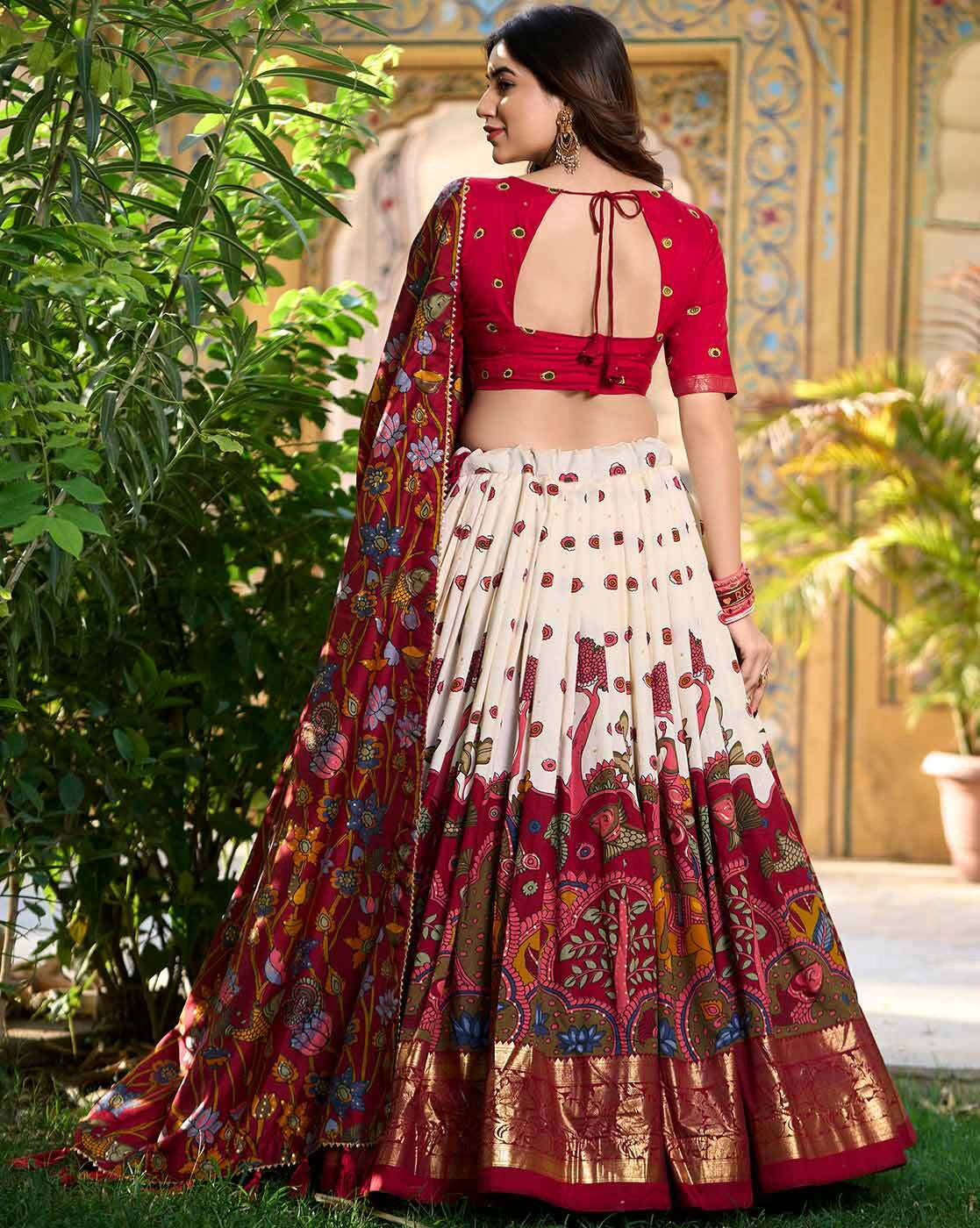 Red and cream printed lehenga with open tie back choli and floral dupatta in garden scene lehenga choli set Canada