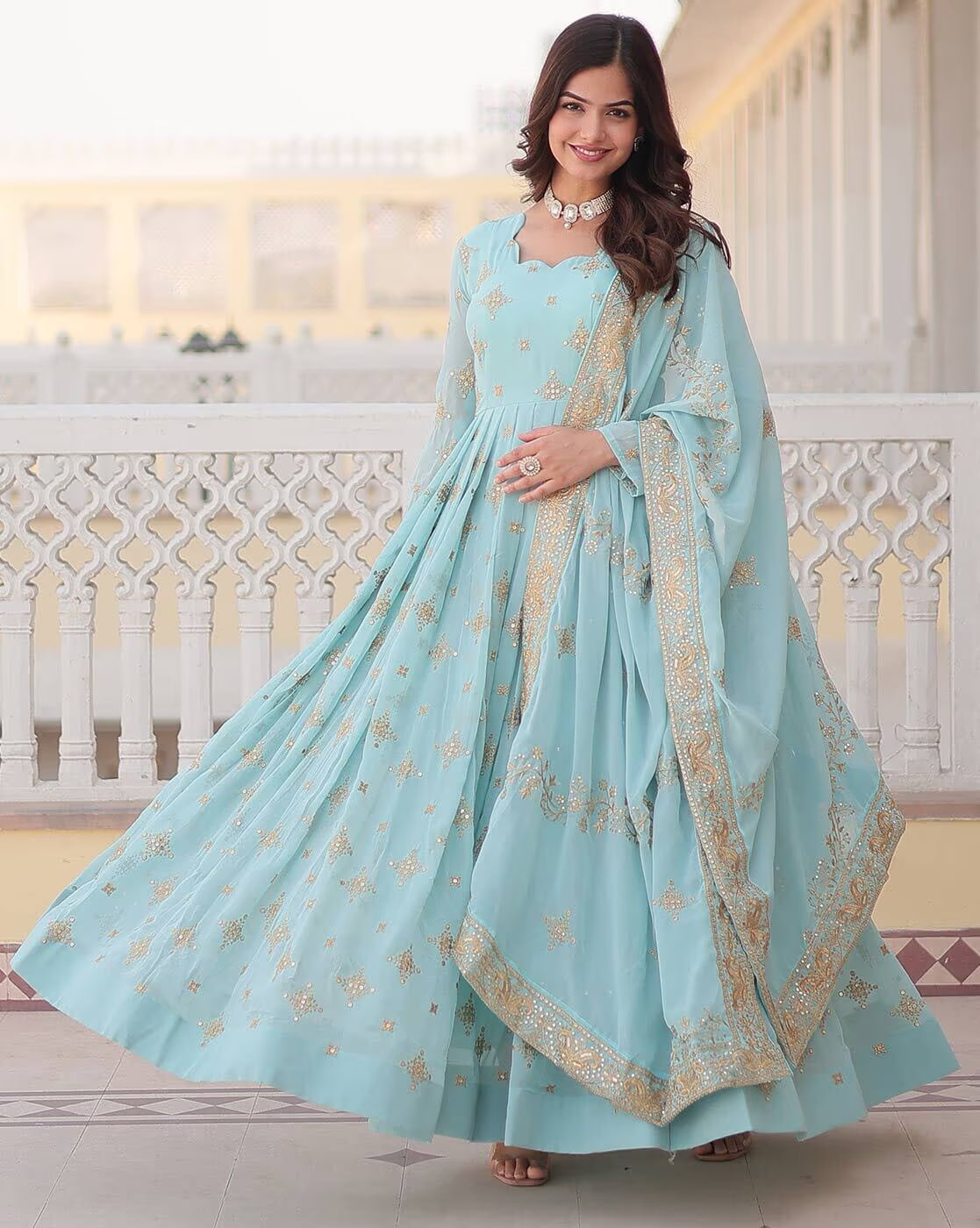 Aromie three piece kurtha light blue Anarkali with gold embroidery and flowing dupatta Orange Geometric Angrakha Anarkali