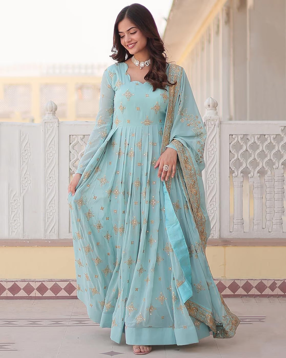 Aromie three piece kurtha light blue Anarkali with gold geometric motifs and dupatta Orange Geometric Angrakha Anarkali