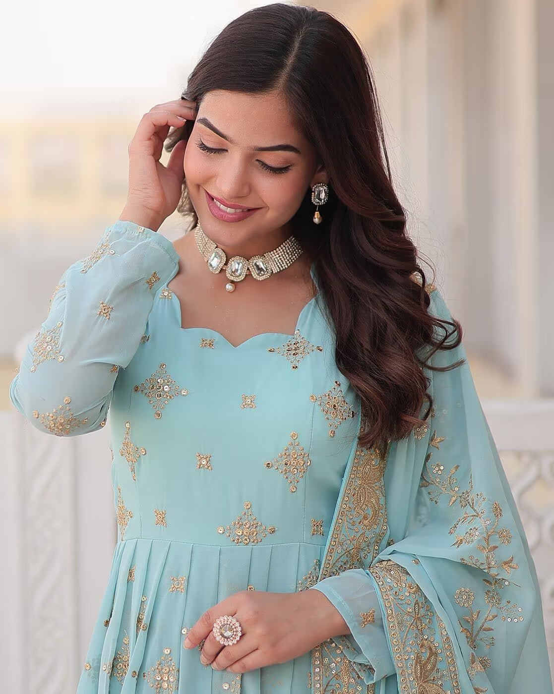 Aromie three piece kurtha pale aqua anarkali with gold embroidery Orange Geometric Angrakha Anarkali