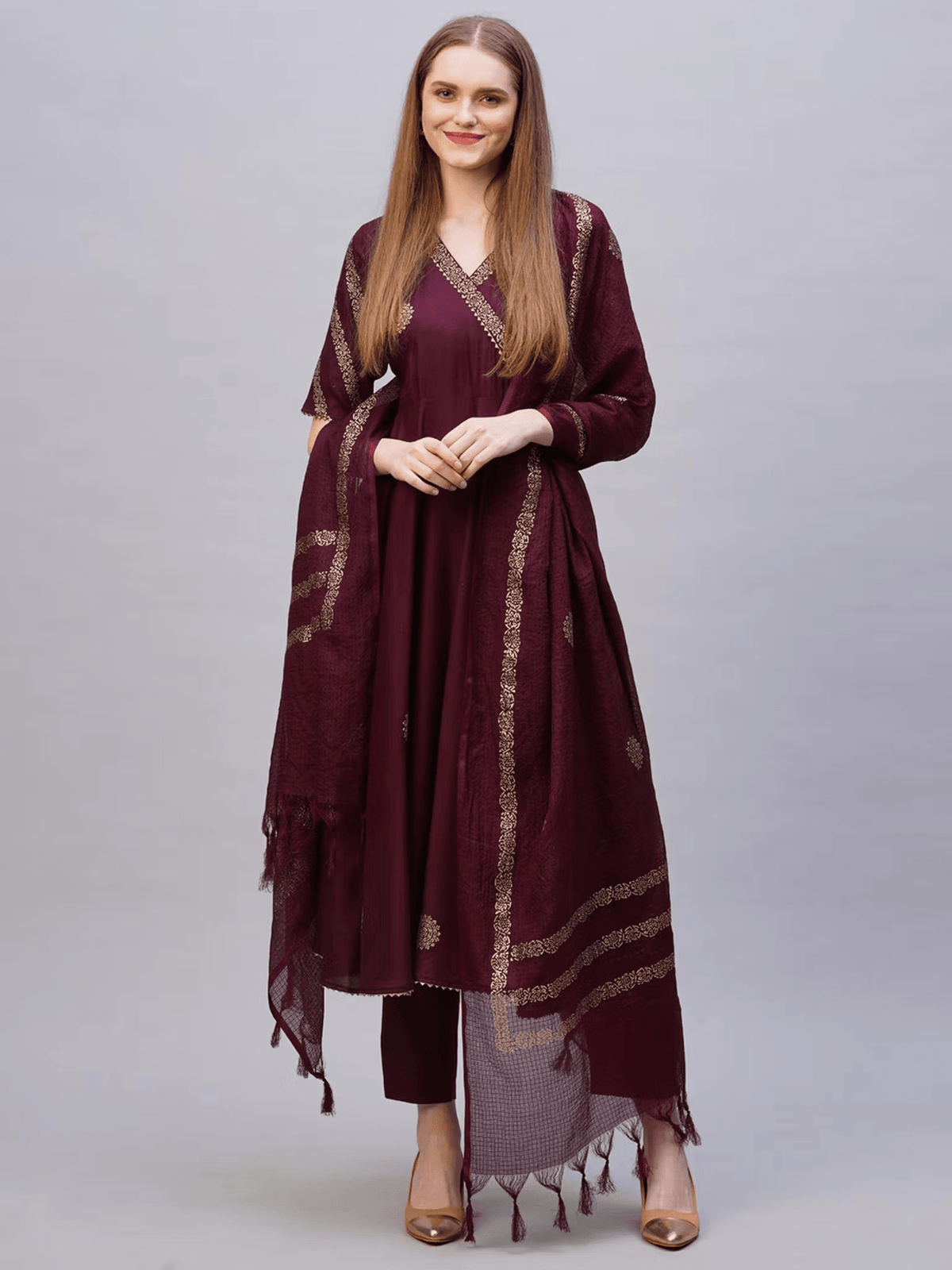 Aromie Rayon Anarkali Kurta Set in maroon with elegant embroidery and matching pants
