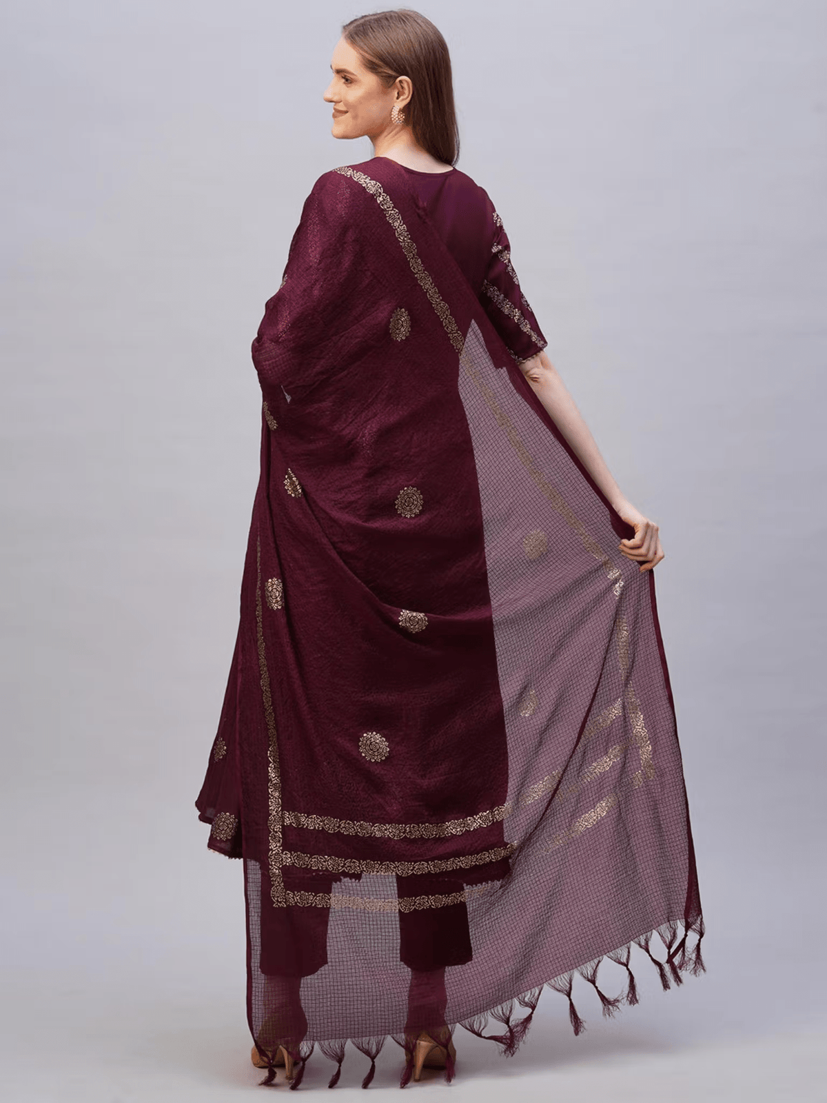 Elegant Rayon Anarkali Kurta Set in maroon with intricate embroidery and a flowing dupatta