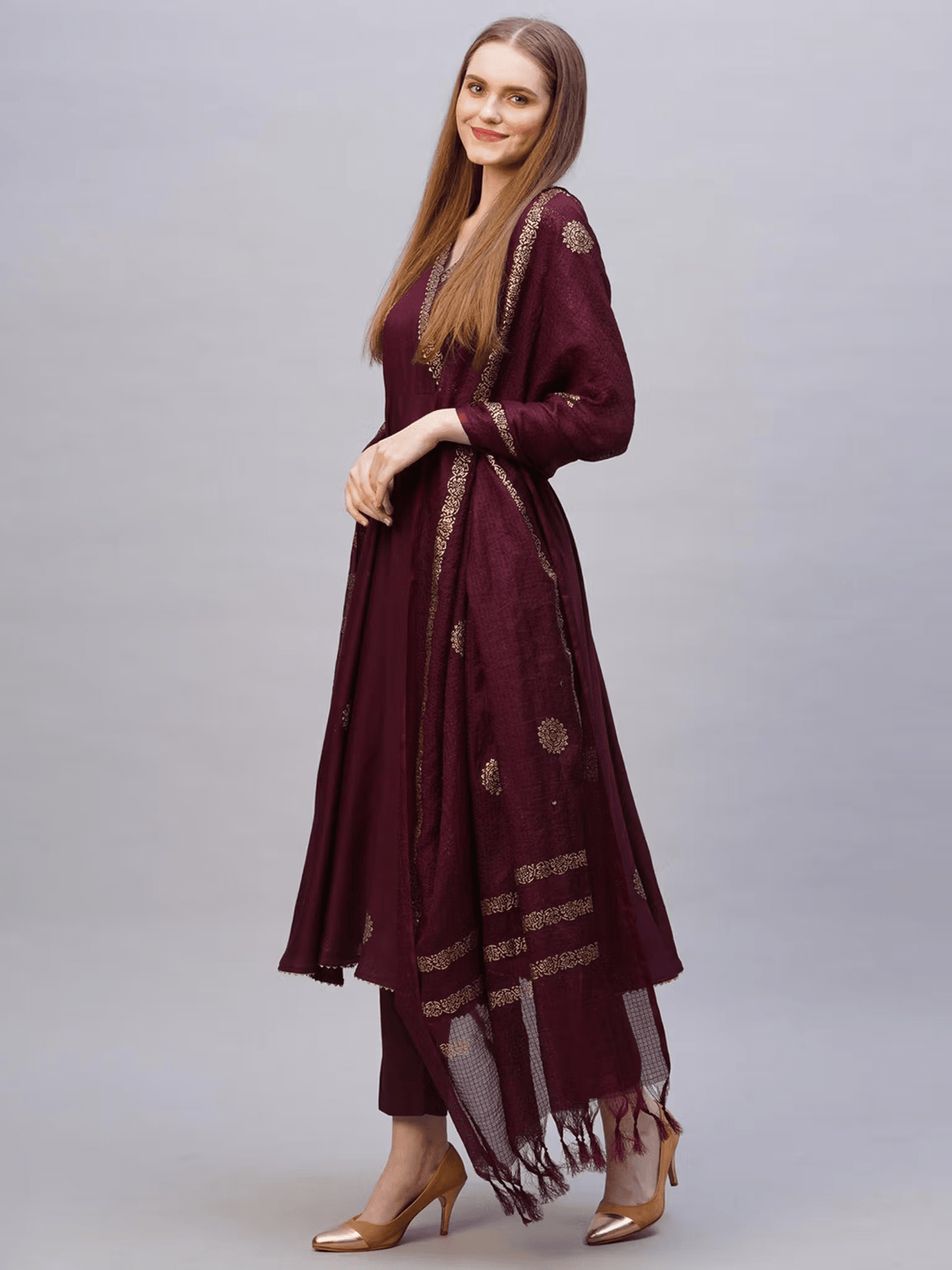 Aromie Rayon Anarkali Kurta Set in burgundy with elegant embroidery and matching pants