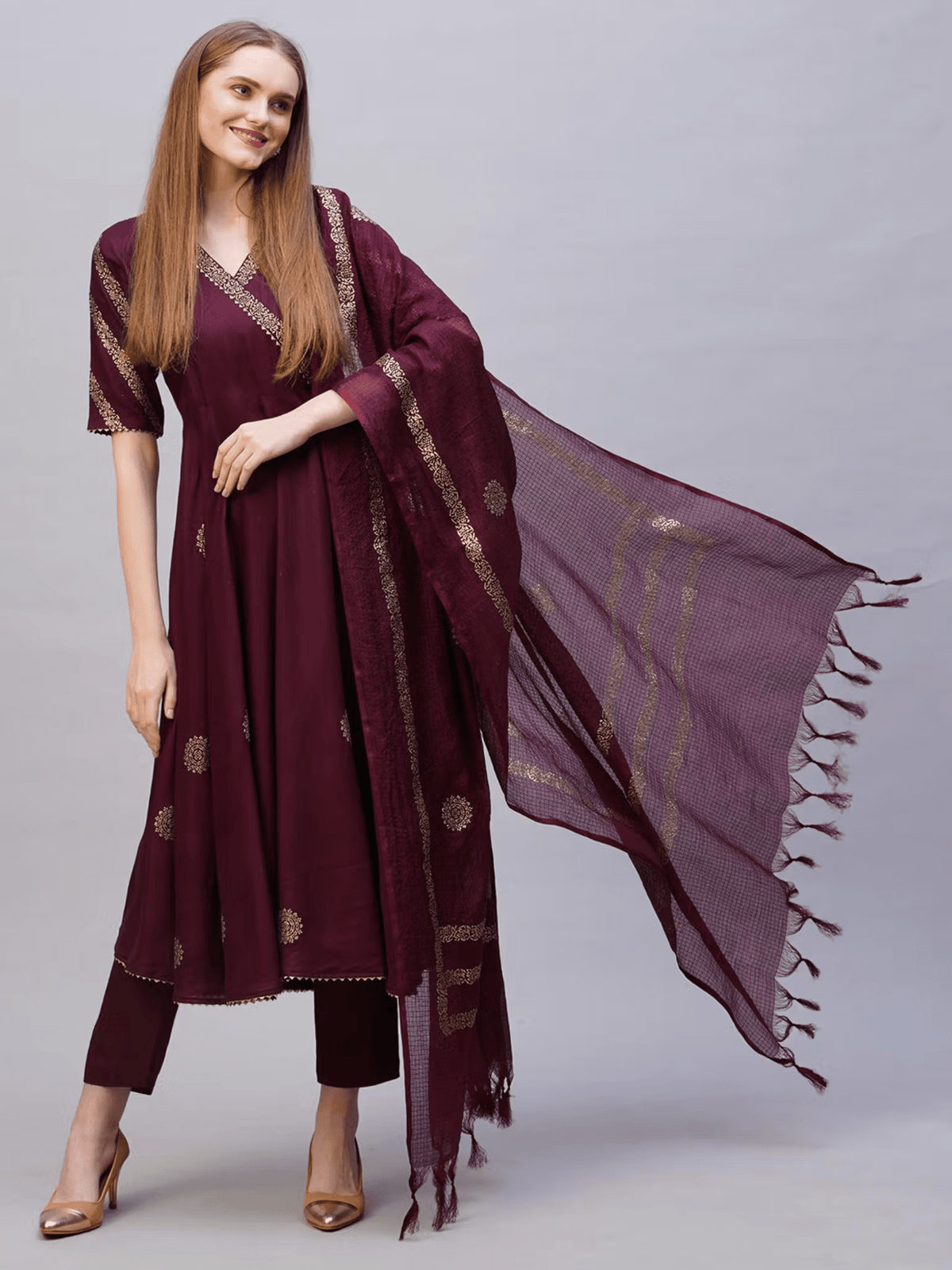 Aromie Rayon Anarkali Kurta Set in deep maroon with embellished details and matching dupatta