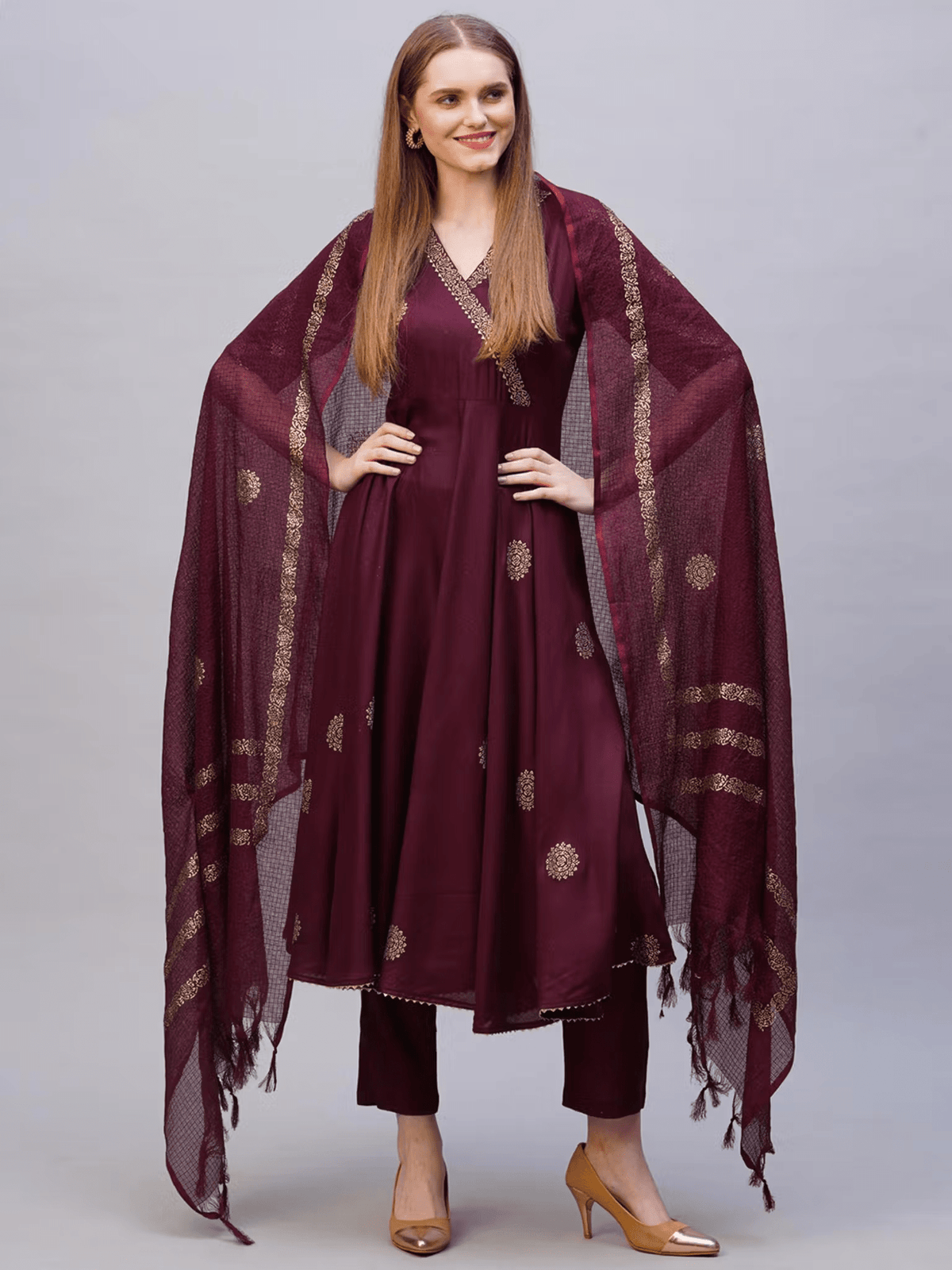 Elegant Rayon Anarkali Kurta Set in burgundy with intricate detailing and matching dupatta