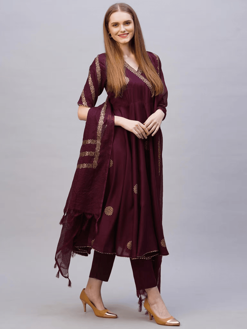 Elegant Rayon Anarkali Kurta Set in maroon with stylish borders and matching dupatta