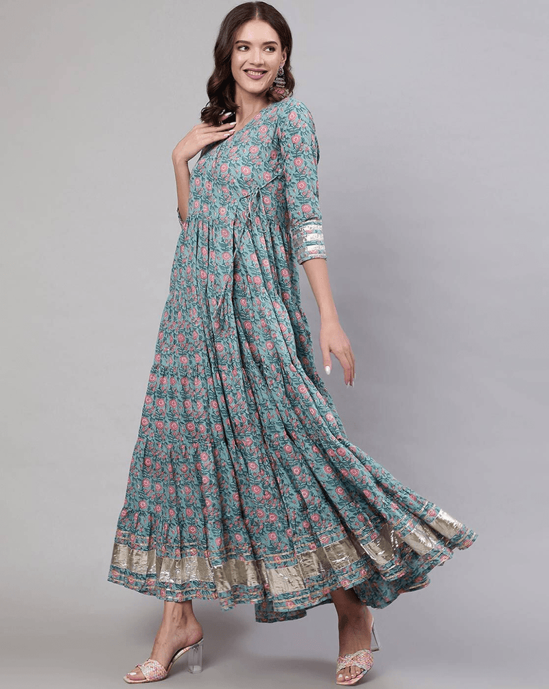 Elegant Rayon Kurta Set Canada in teal with floral prints and silver accents, perfect for festive occasions