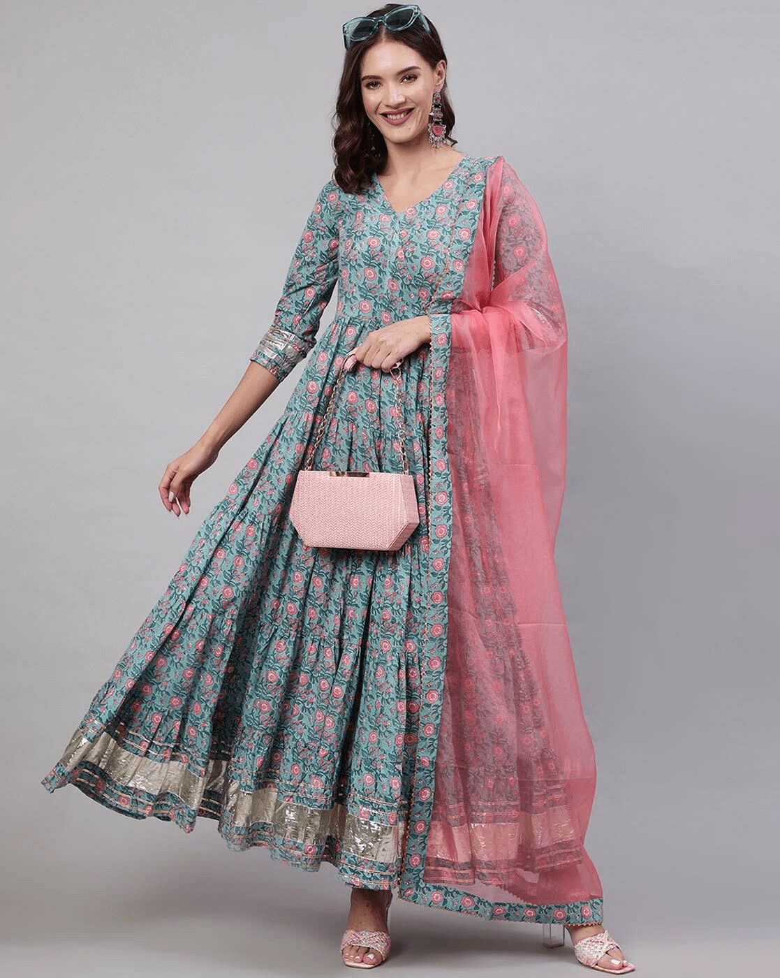 Aromie Rayon Kurta Set Canada in turquoise with floral design and pink dupatta, perfect for festive occasions.