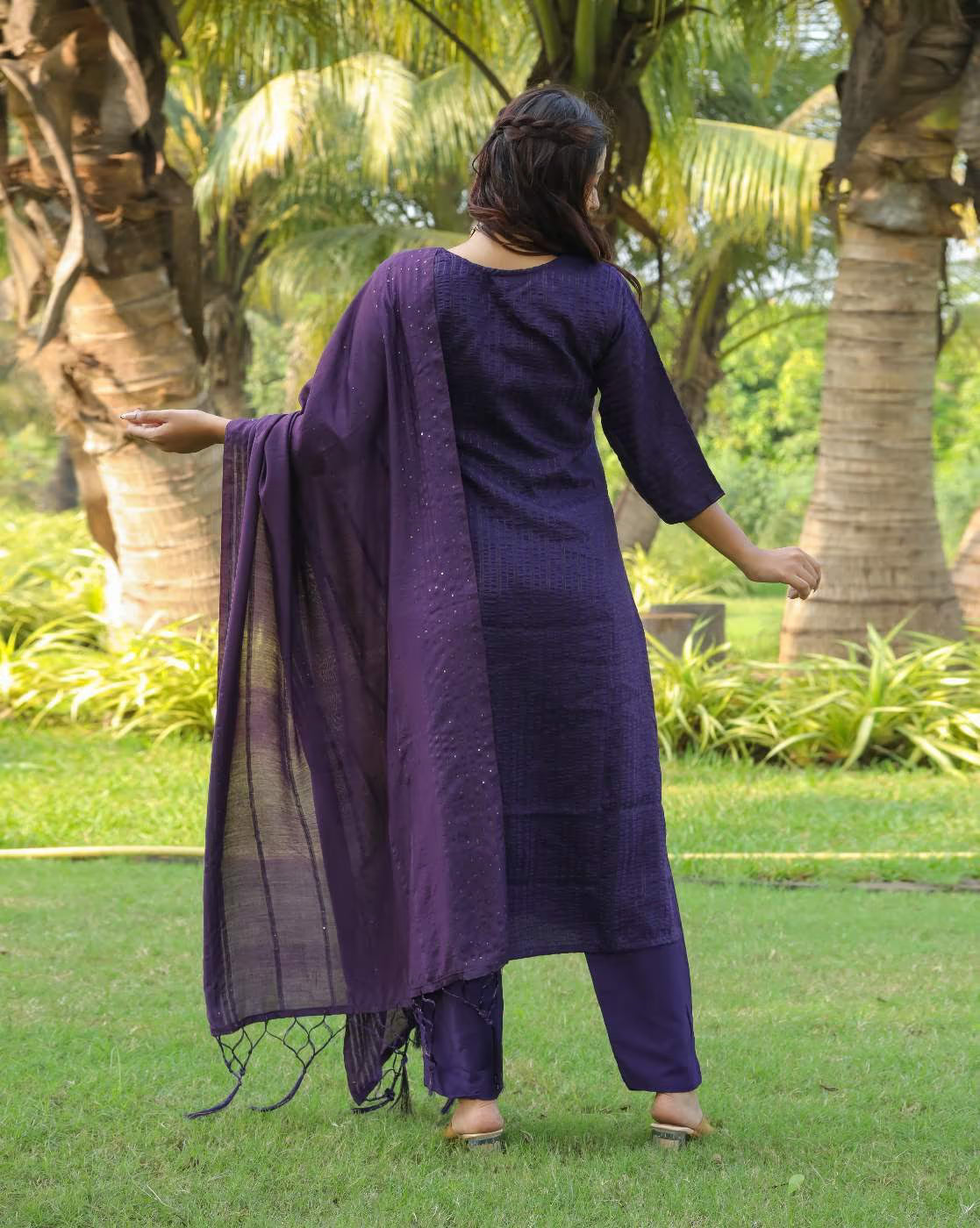 Stylish Three Piece Rayon Kurta Set with Chanderi Dupatta in Elegant Purple for Comfortable Wear