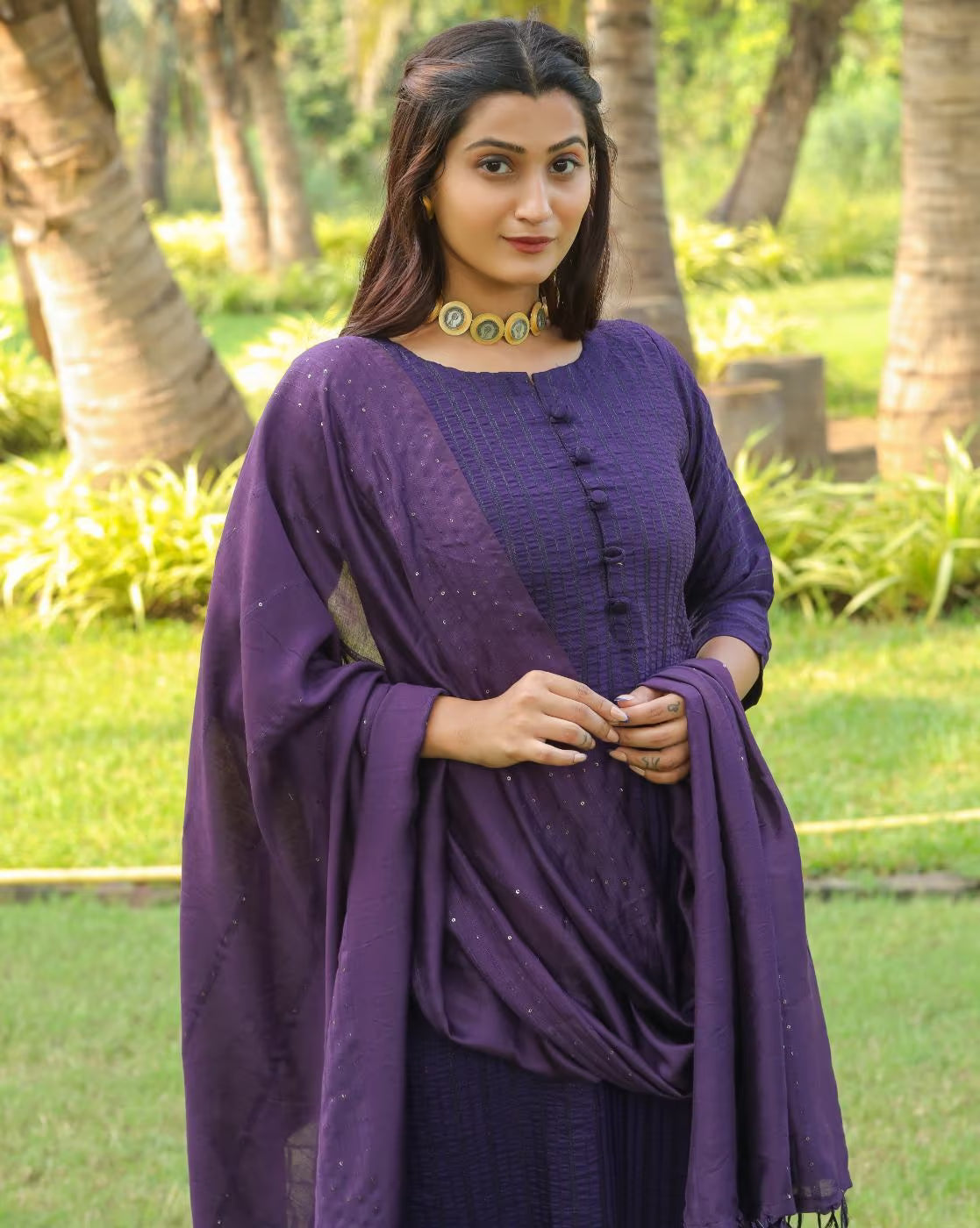 Women wearing a three piece Rayon Kurta Set with Chanderi Dupatta in purple, perfect for festive occasions