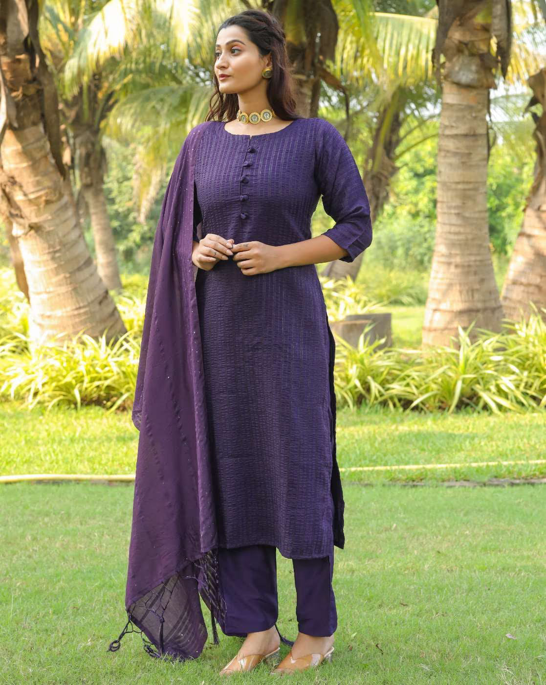 Aromie Rayon Kurta Set with Chanderi Dupatta in purple, featuring a stylish design and comfy fit