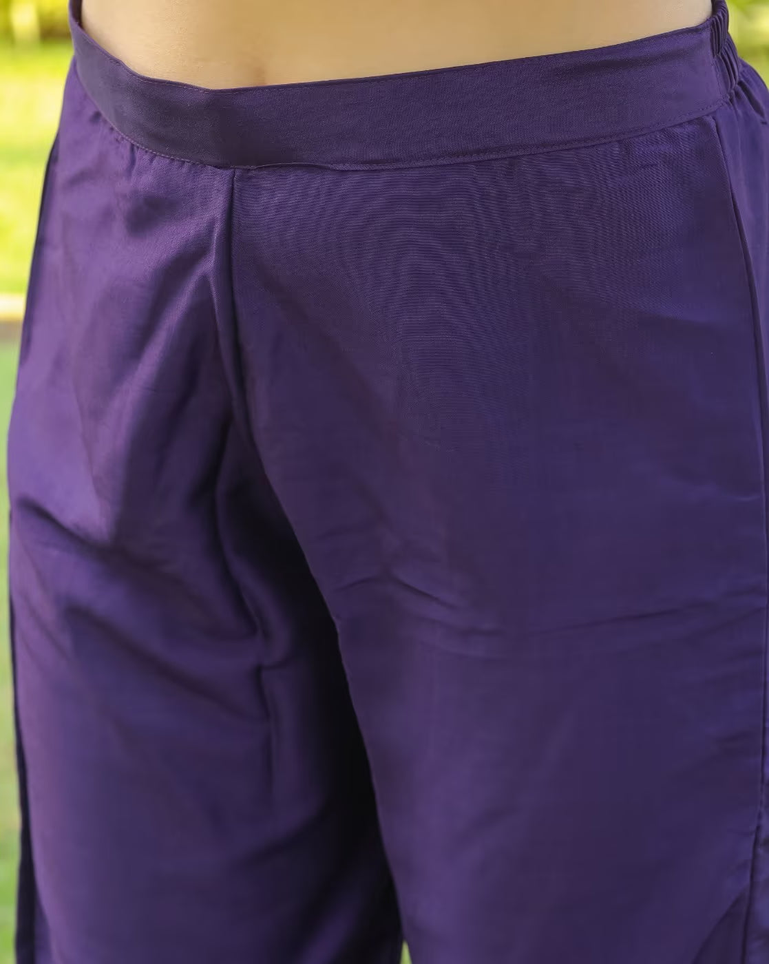 Rayon Kurta Set with Chanderi Dupatta featuring comfortable purple pants for stylish ethnic wear