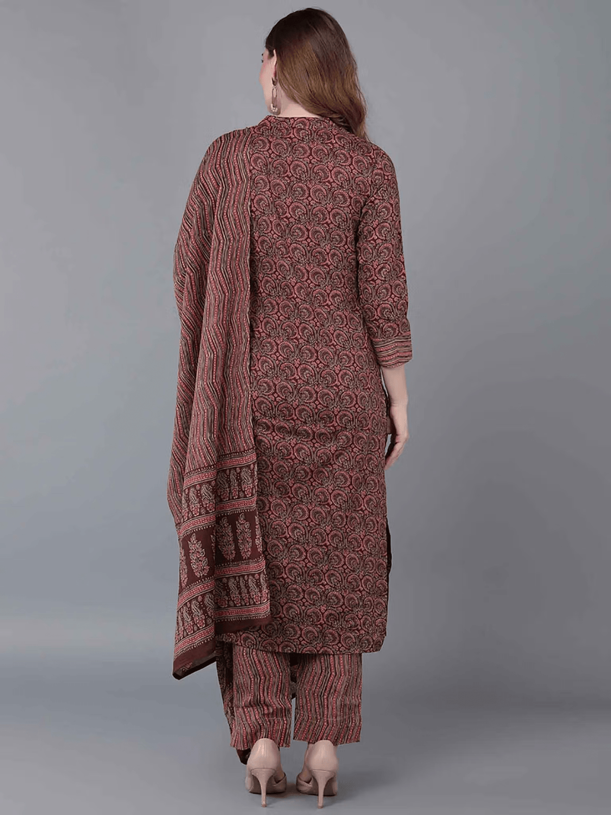 Aromie three piece kurtha in rich colors, featuring a rayon kurta set with kalamkari dupatta for an elegant look
