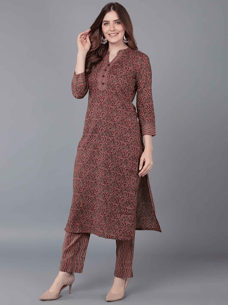 Elegant three piece rayon kurta set with kalamkari dupatta featuring intricate patterns for stylish comfort