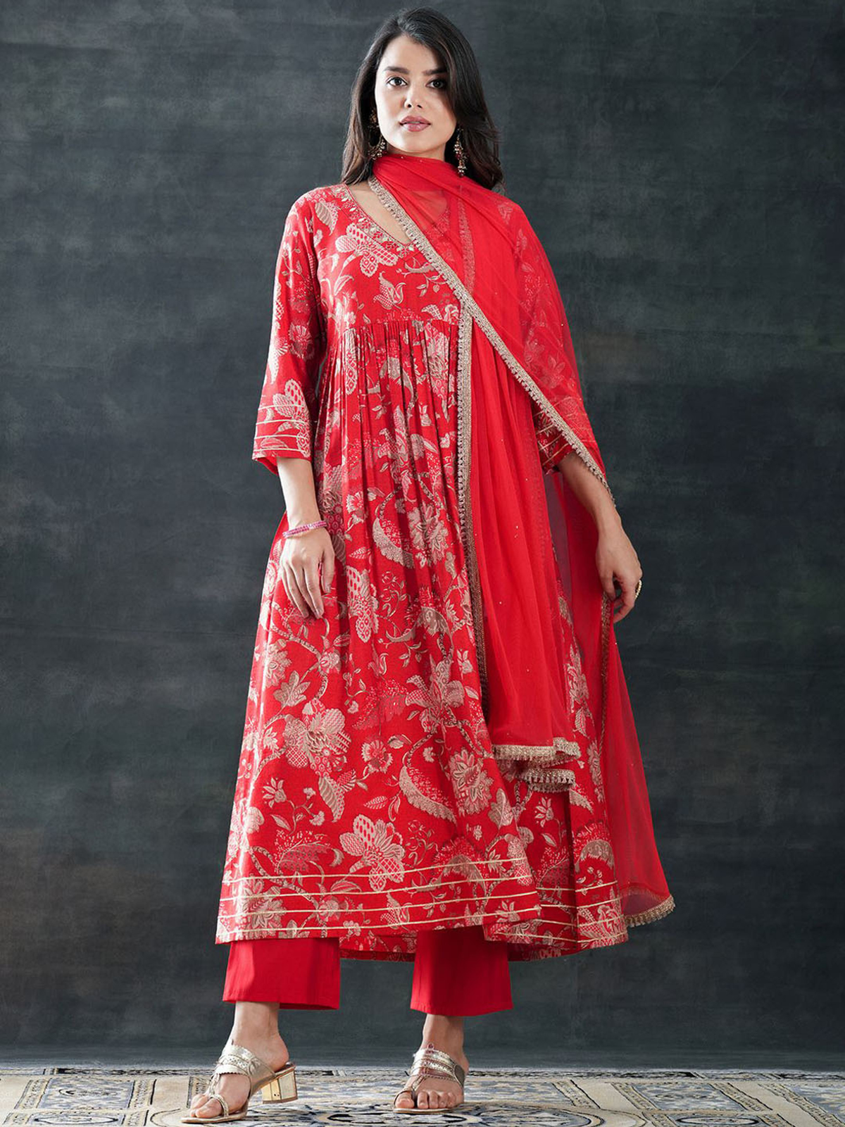 Elegant three piece Kurtha set by Aromie in red with floral rayon printed outfit set and matching dupatta.