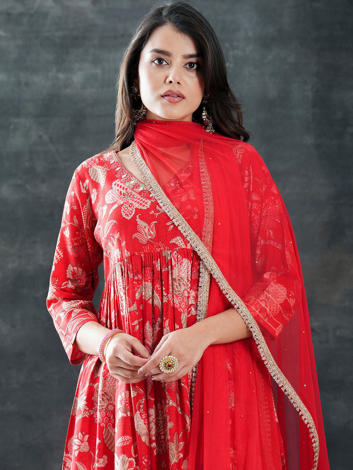 Aromie three piece Kurtha set featuring a Rayon printed outfit set in red with intricate floral designs