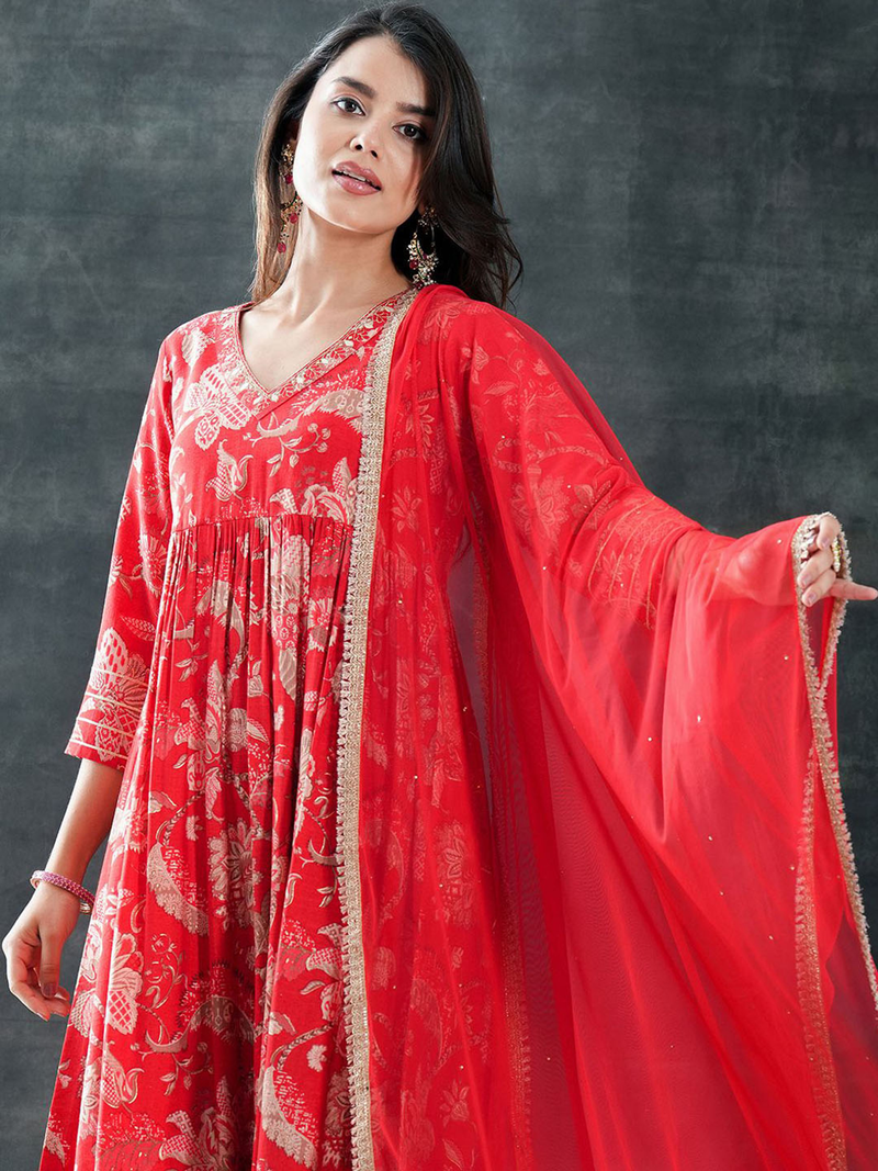Aromie Rayon printed outfit set featuring a red kurta with floral design and matching dupatta for festive occasions