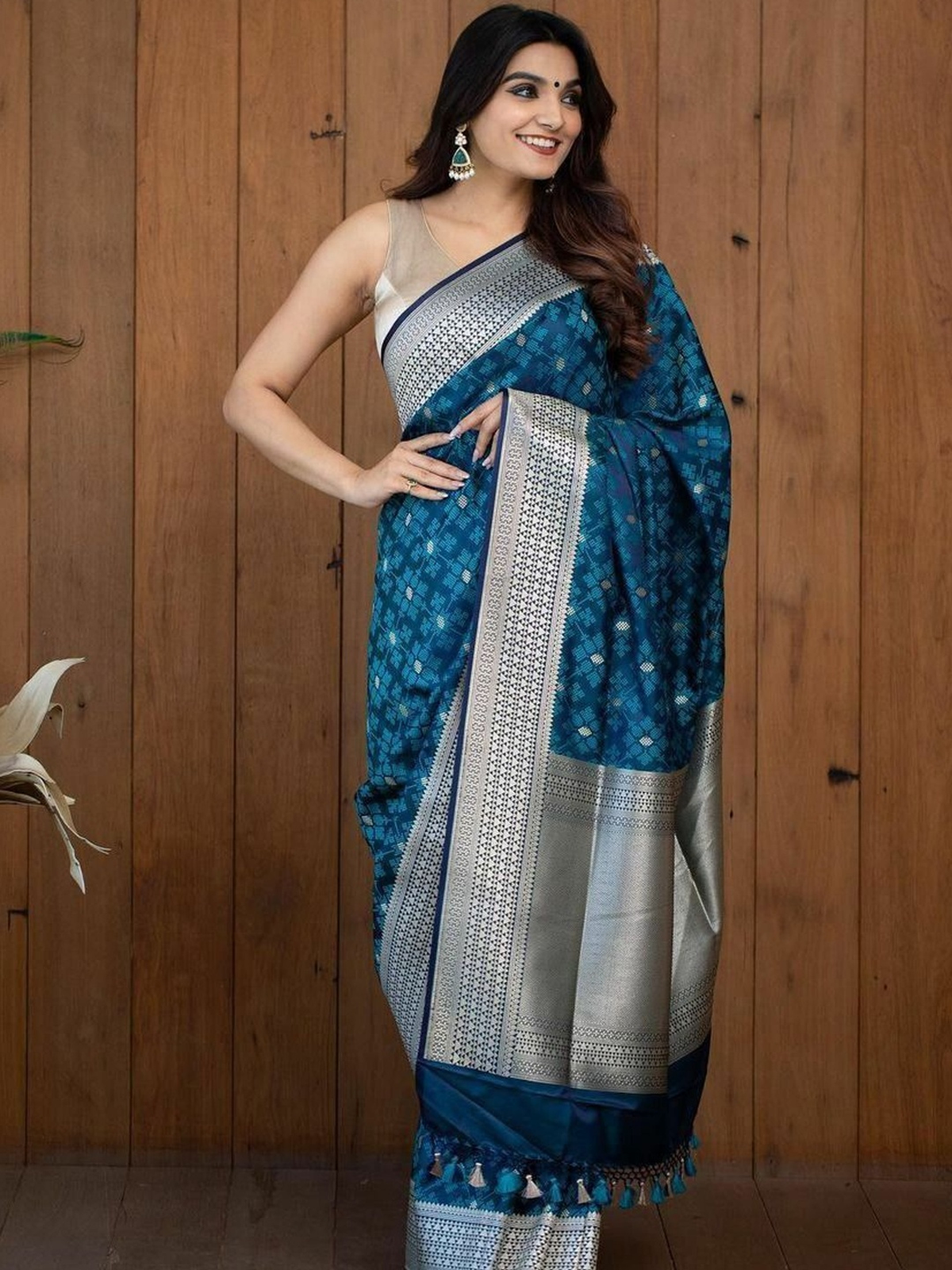 Ready-to-wear saree Canada in rich blue silk with detailed silver border, perfect for festive occasions