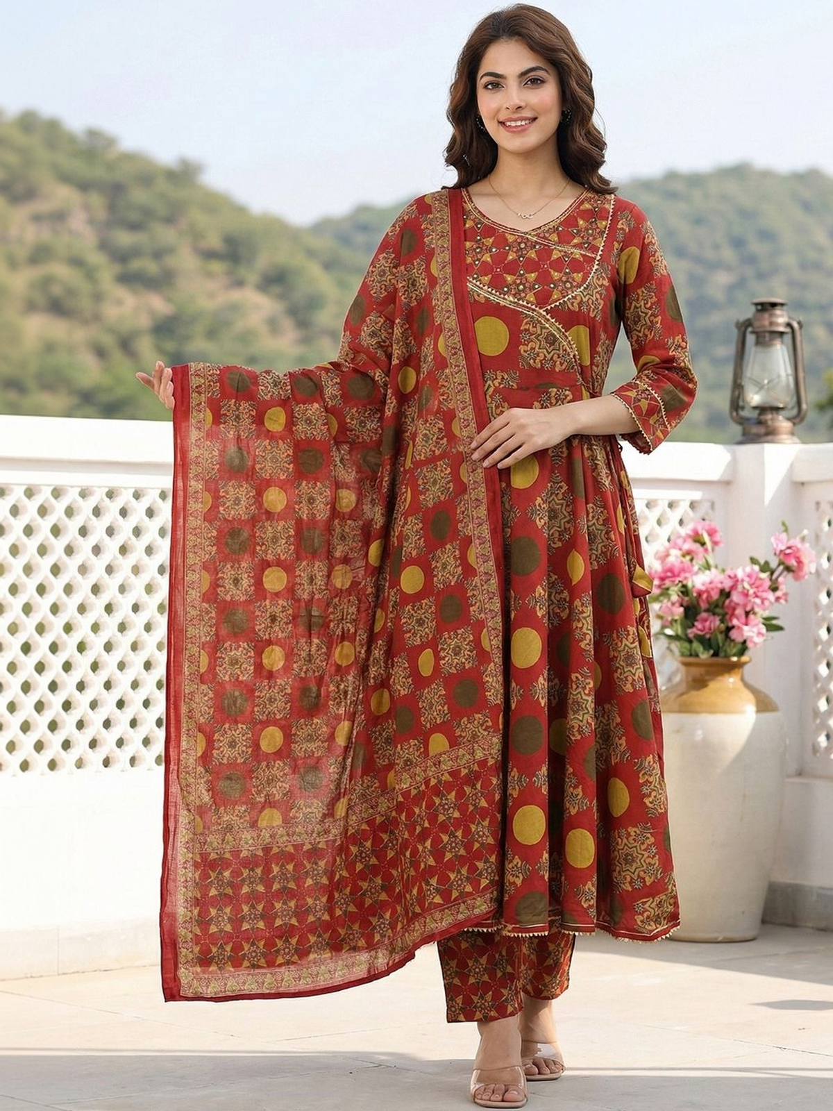 Red anarkali kurta set with dupatta in floral print, perfect for festive occasions or weddings