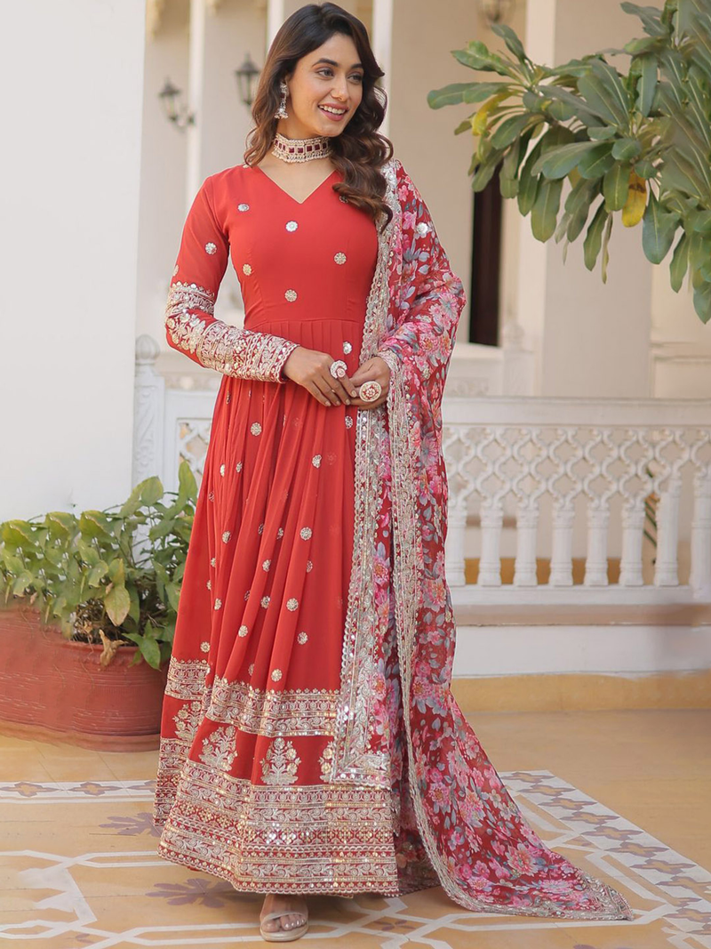 Red embroidered anarkali gown Canada with intricate designs and matching dupatta for festive occasions