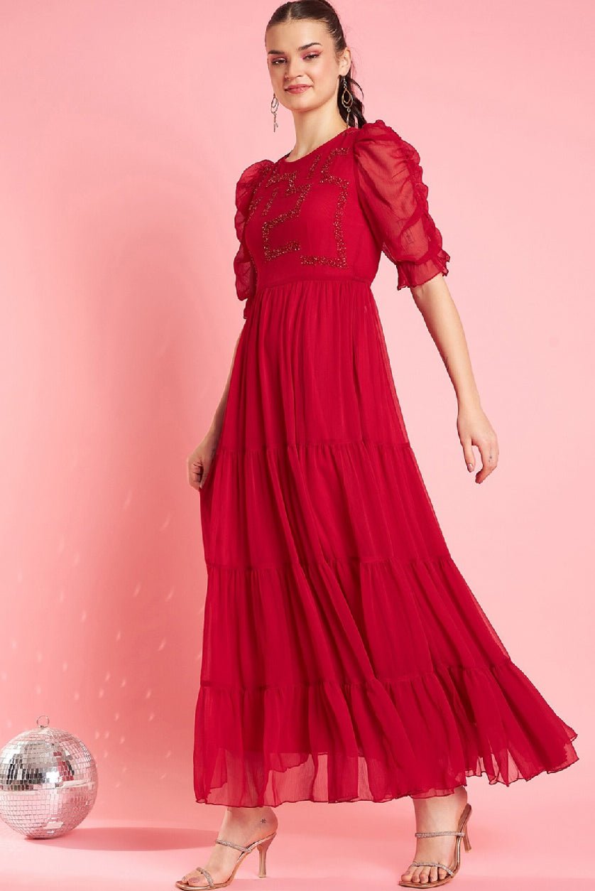 Red Puff Sleeve Maxi Dress for Women