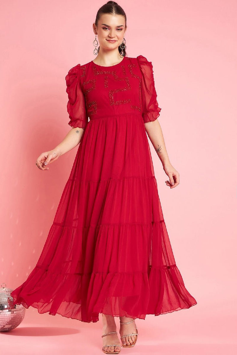Red Puff Sleeve Maxi Dress for Women