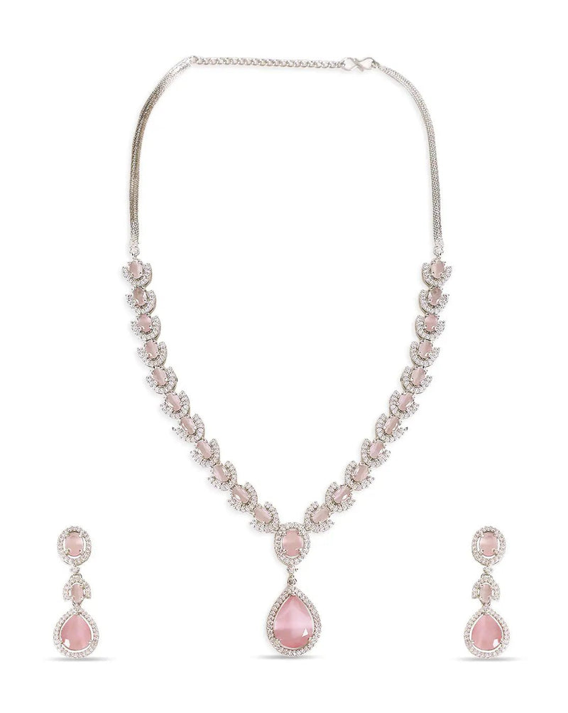 Rhodium - Plated AD - Studded Necklace and Earrings Set for Women – Classic Elegant Jewelry - aromie