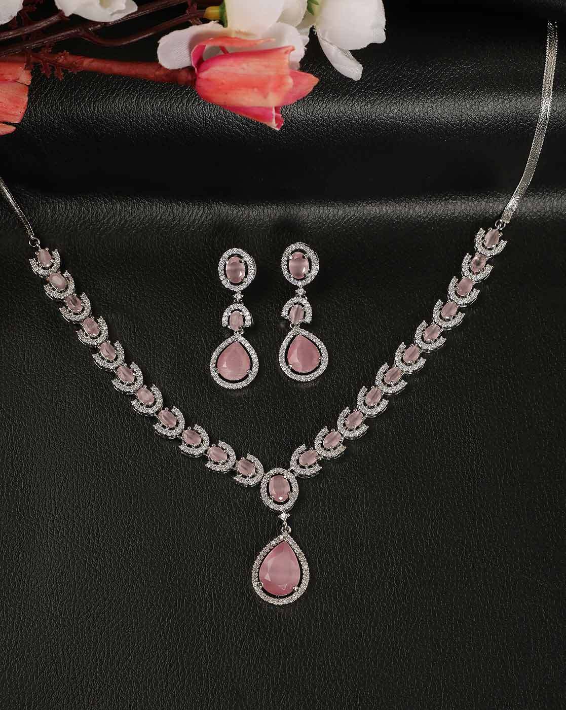 Rhodium - Plated AD - Studded Necklace and Earrings Set for Women – Classic Elegant Jewelry - aromie