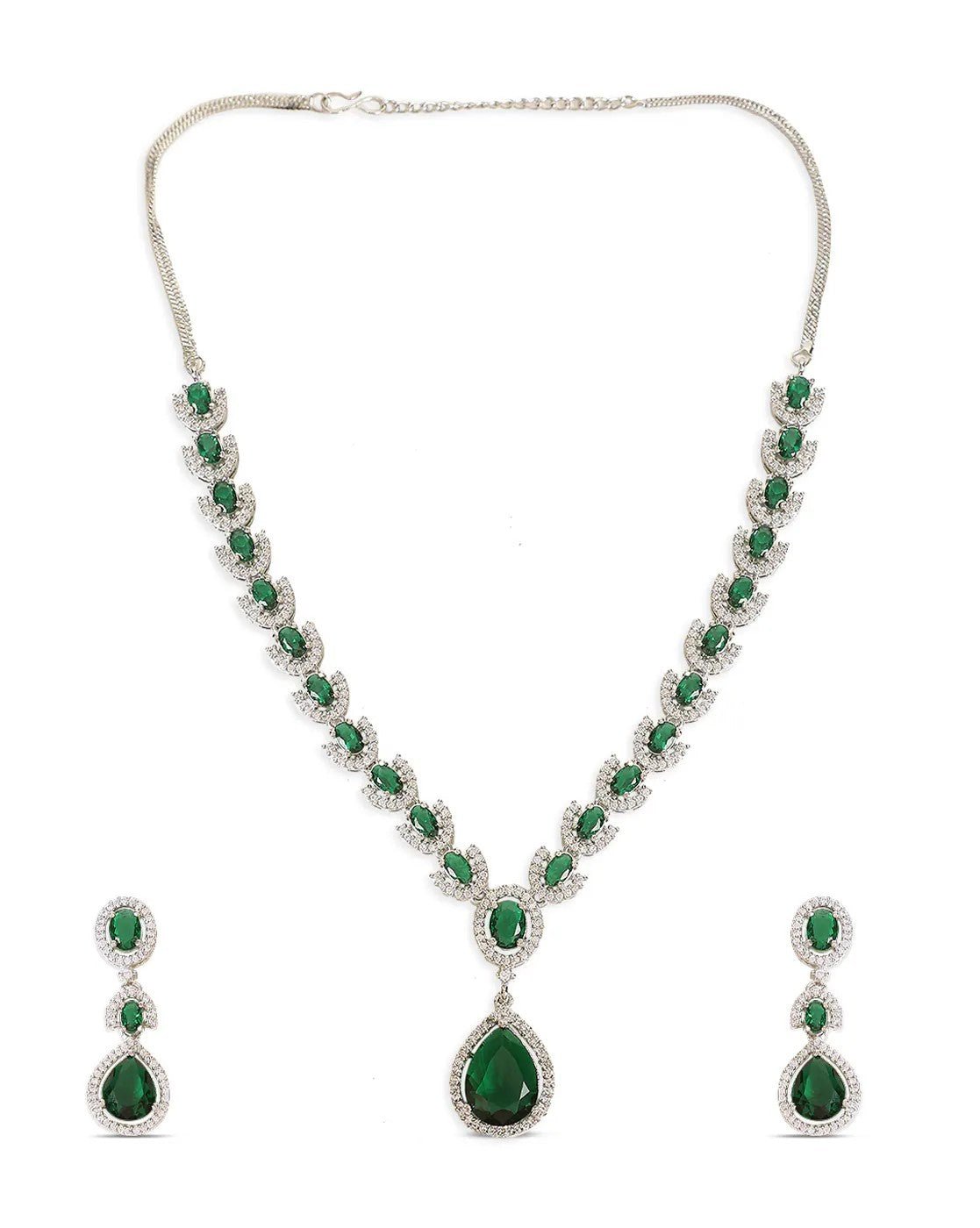 Rhodium - Plated Stone Studded Necklace and Earrings Set for Women – Classic Party Jewelry - aromie