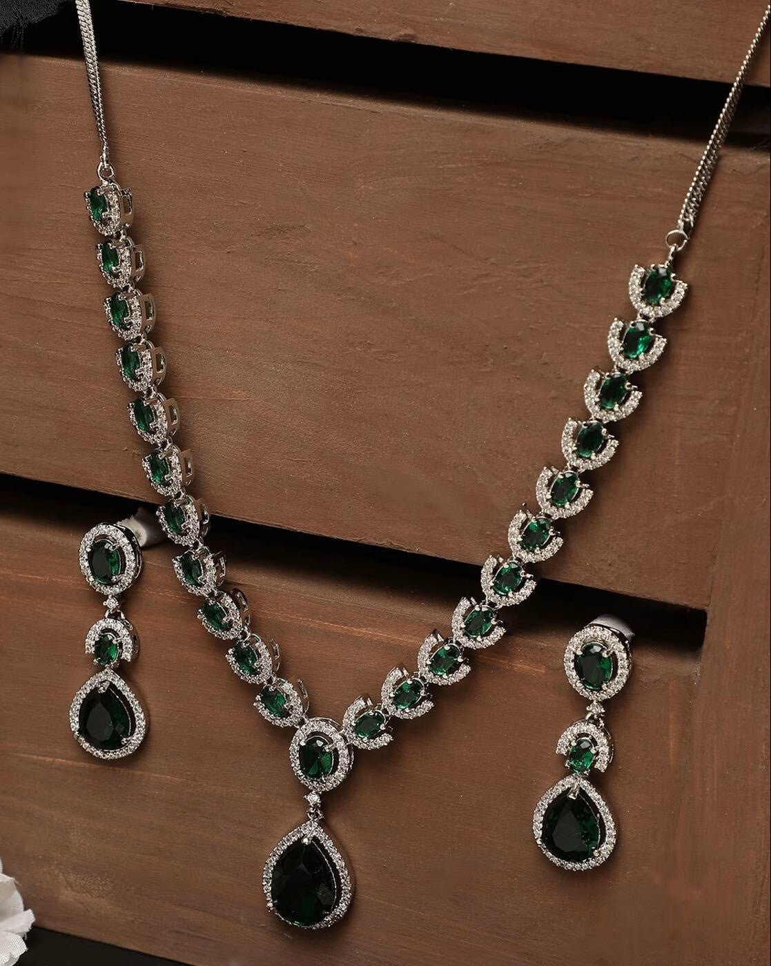 Rhodium - Plated Stone Studded Necklace and Earrings Set for Women – Classic Party Jewelry - aromie