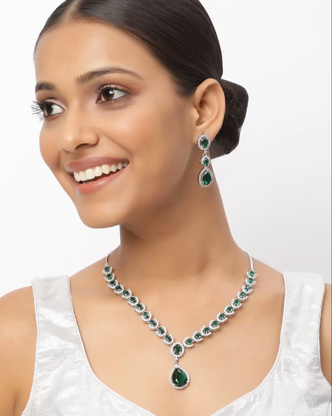 Rhodium - Plated Stone Studded Necklace and Earrings Set for Women – Classic Party Jewelry - aromie