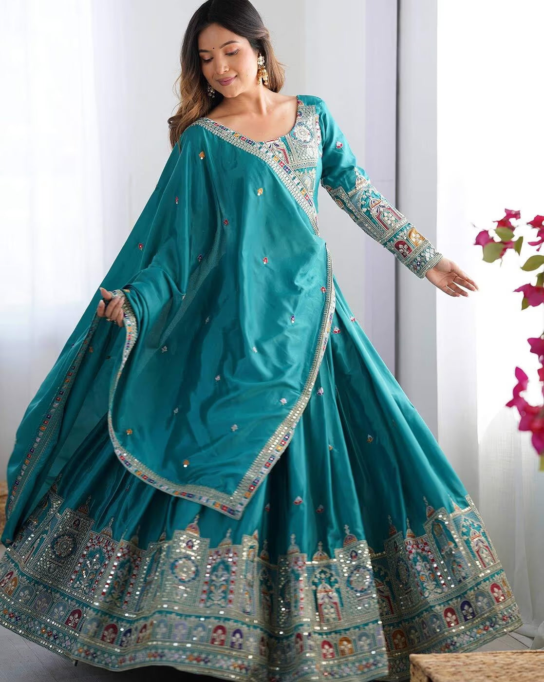 embroidered lehenga choli set Canada teal with ornate mirror and zari border long flared skirt