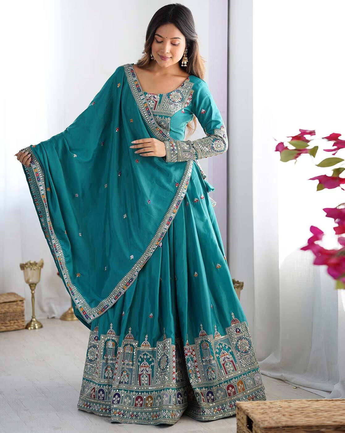 Teal embroidered lehenga choli set Canada with silver multicolor border long sleeve blouse and dupatta