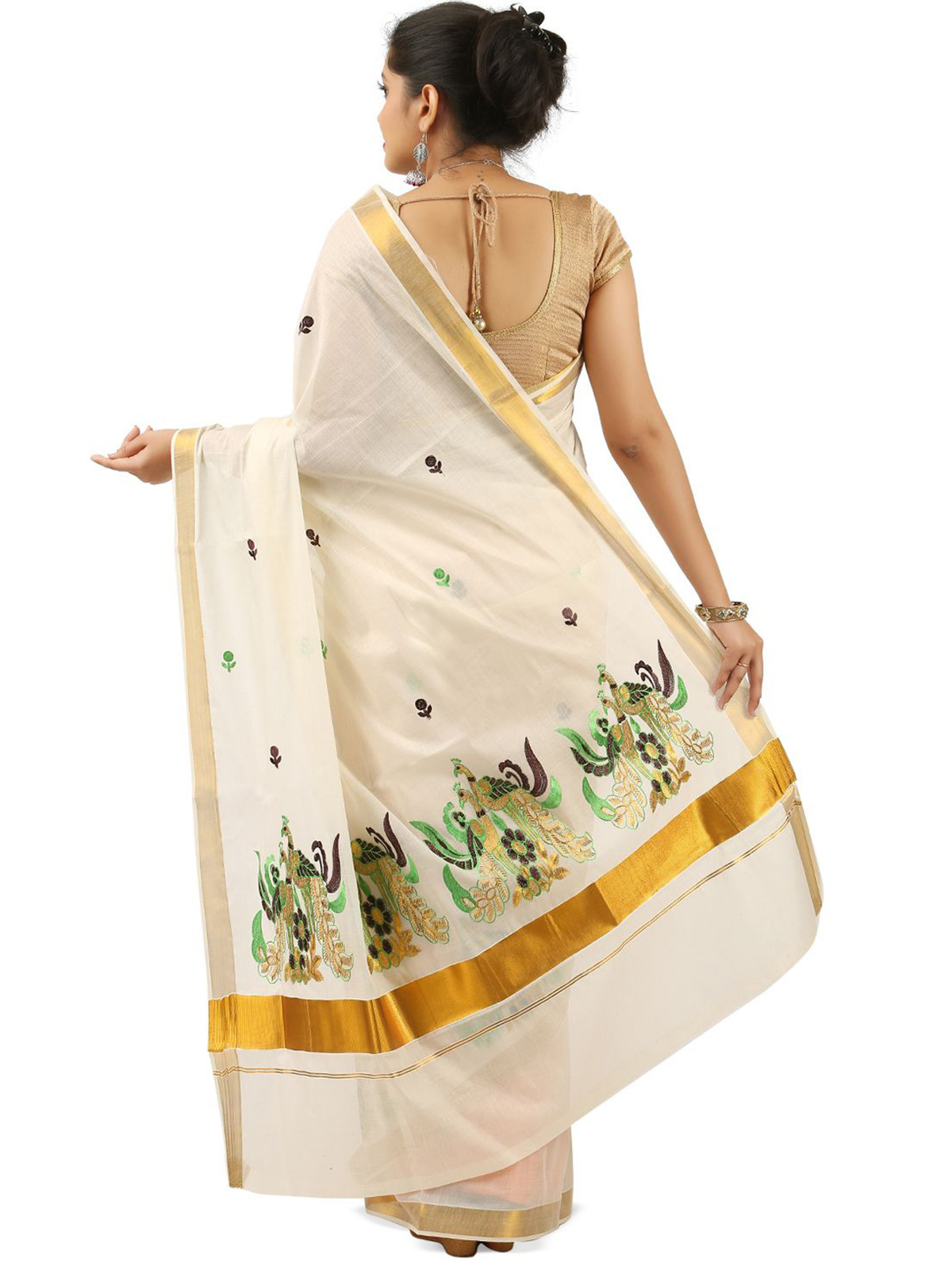 Aromie rose gold mirror work saree with floral embroidery and golden border draped on model