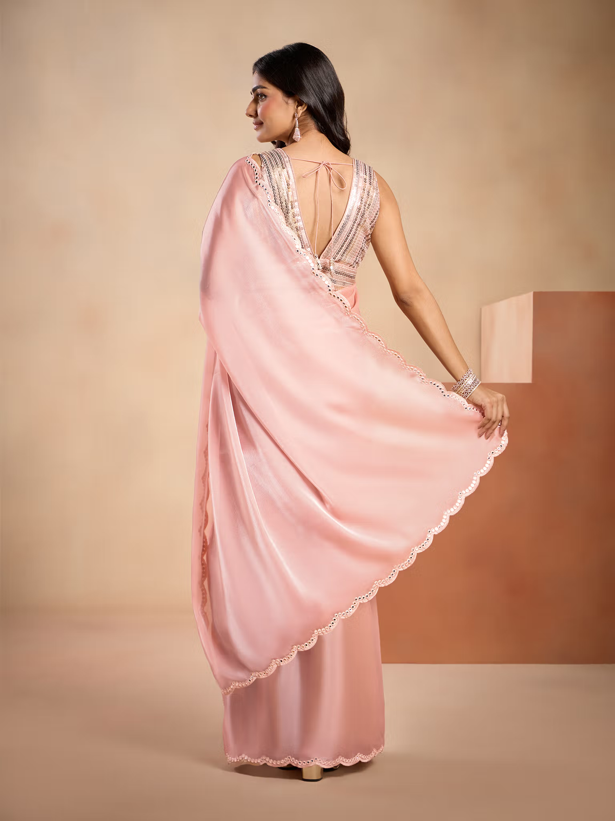 Rose Gold Mirror Work Saree for Elegant Wear