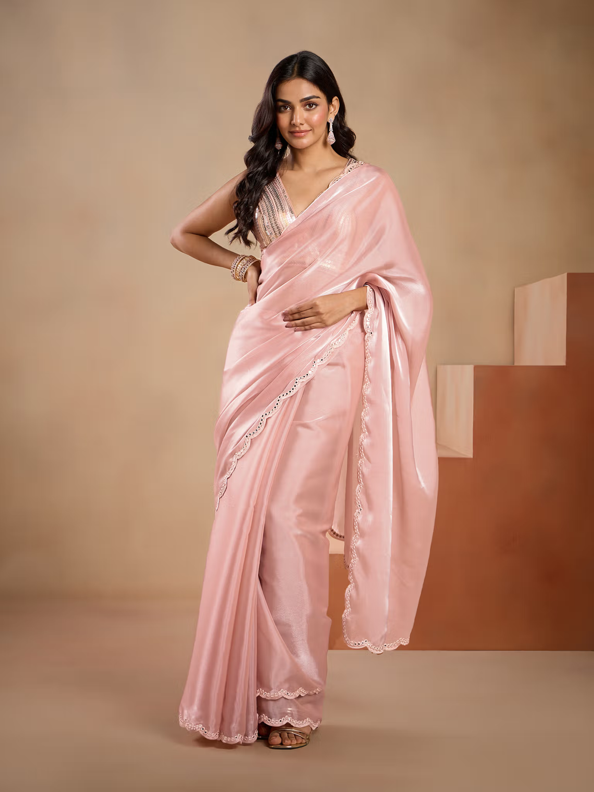 Rose Gold Mirror Work Saree for Elegant Wear