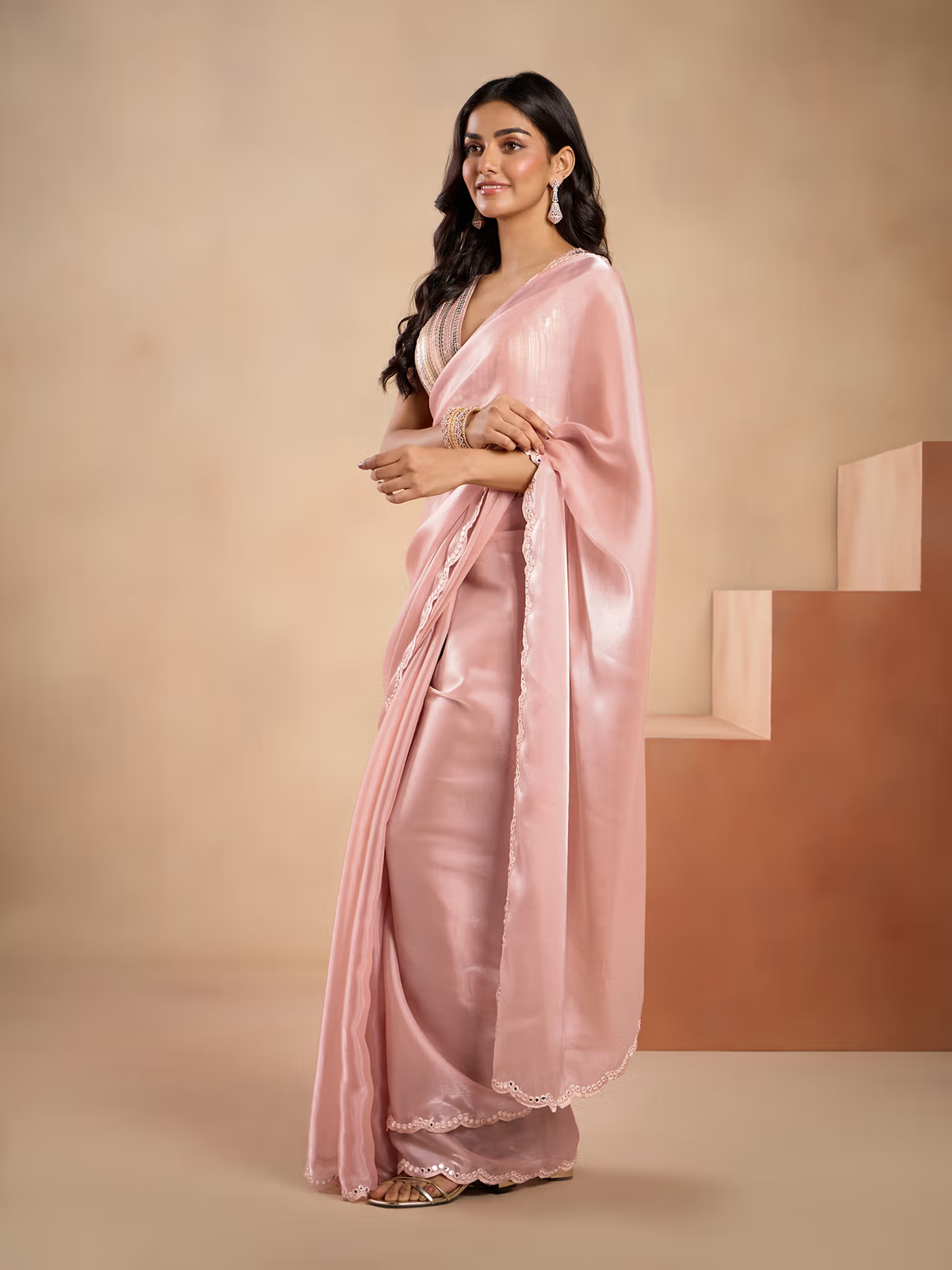 Rose Gold Mirror Work Saree for Elegant Wear