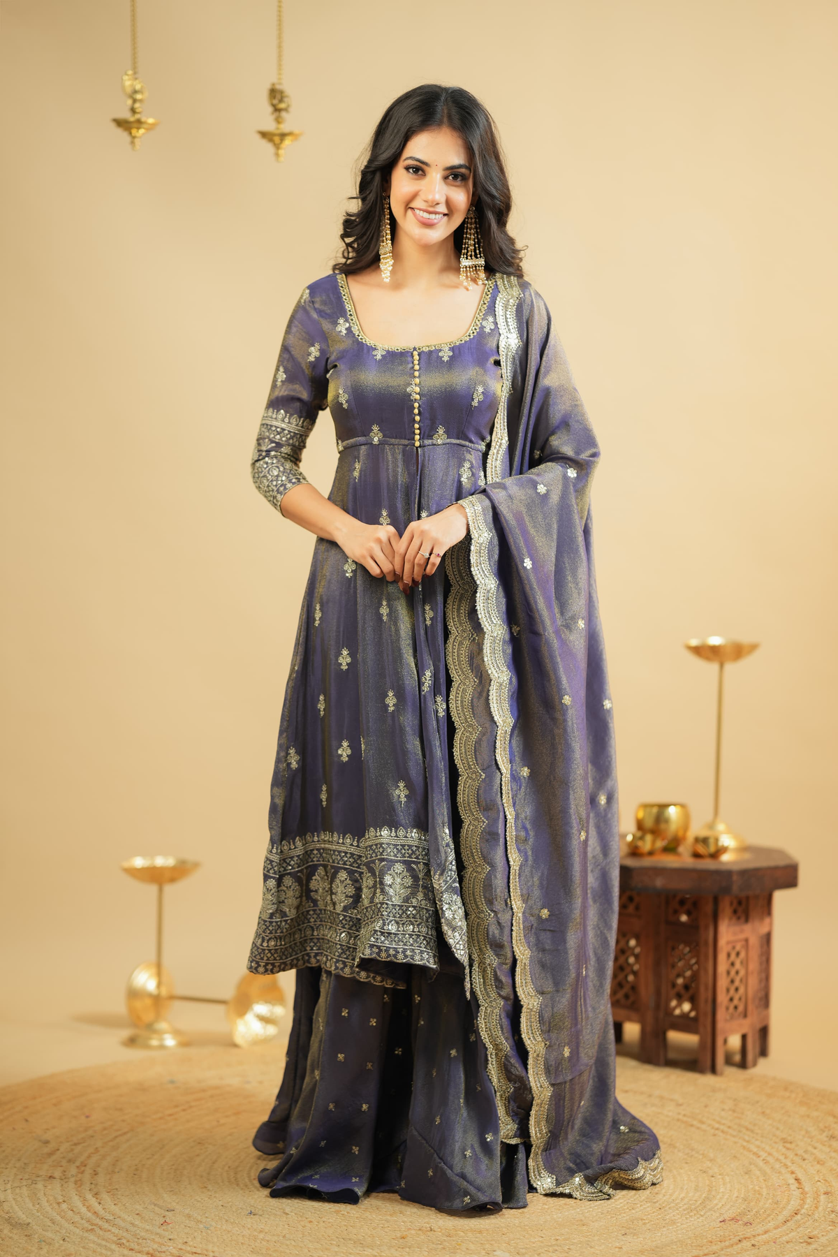 Front view of royal purple Anarkali suit Canada with intricate detailing, perfect for festive occasions.