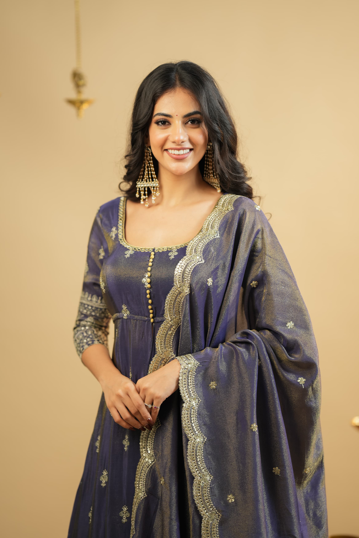 Royal purple Anarkali suit Canada in silky fabric with detailed embroidery, ideal for festive events and weddings