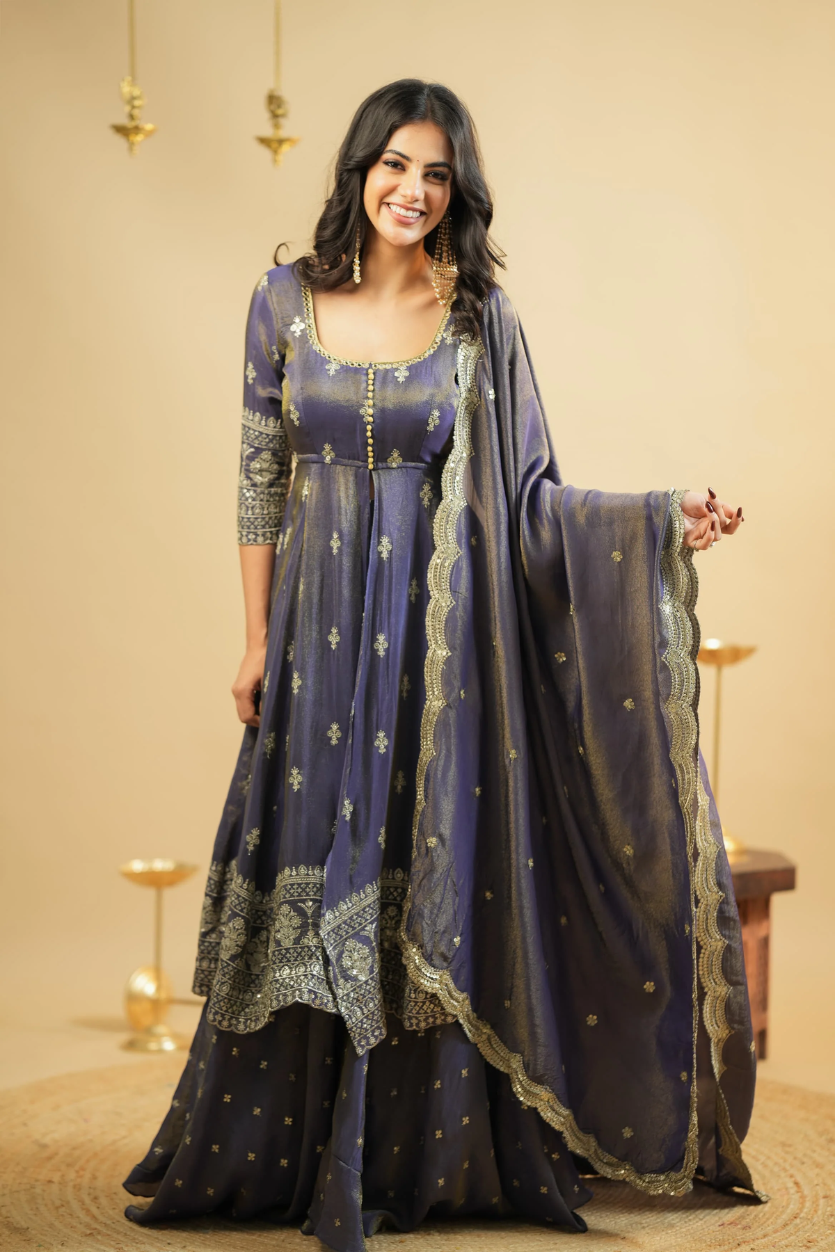 Royal purple Anarkali suit Canada, featuring intricate embroidery and a flowing design, perfect for festive occasions.